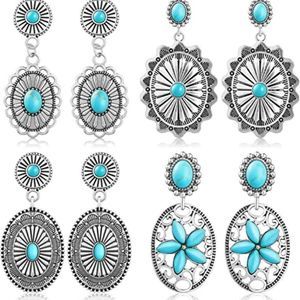 Turquoise Oval Earring 4 Pairs Turquoise Bohemian Dangle Metal Earrings